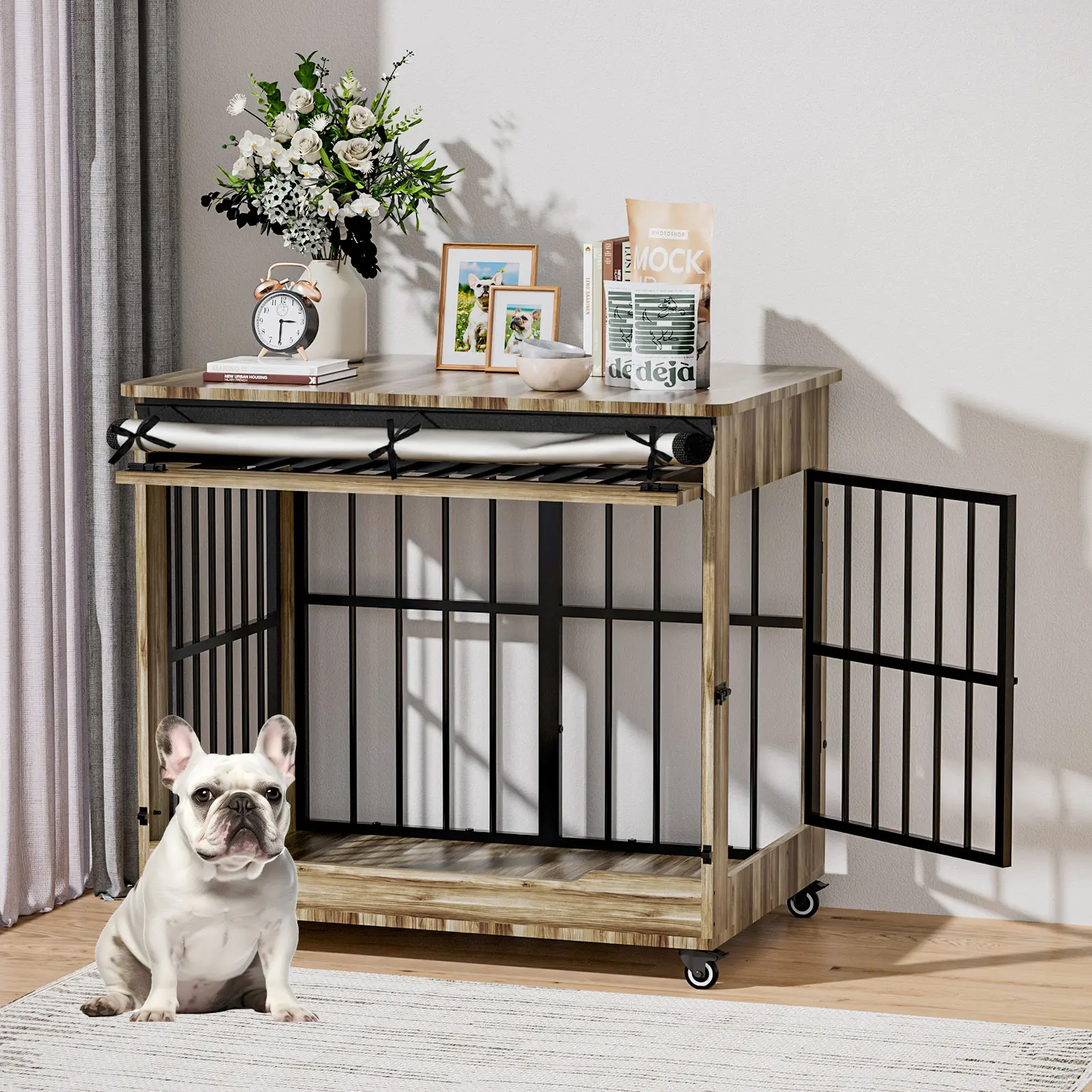 【Summervibes】38" Heavy Duty Indestructible Wooden Dog Crate with Wheels – Double Door Indoor Pet Kennel, Lift-and-Push Front Door, Reinforced Steel Bars for Medium & Large Dogs
