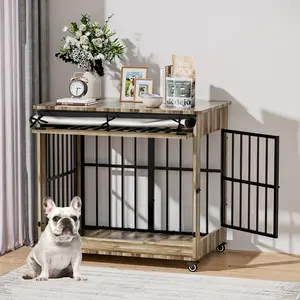 38" Heavy Duty Indestructible Wooden Dog Crate with Wheels – Double Door Indoor Pet Kennel, Lift-and-Push Front Door, Reinforced Steel Bars for Medium & Large Dogs