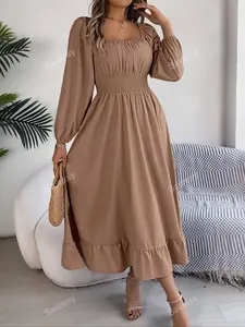 Plus Size Square Neck Ruched Hem Long Casual Dress, Elegant Flounce Skirt Design, Comfortable Fit for All Occasions