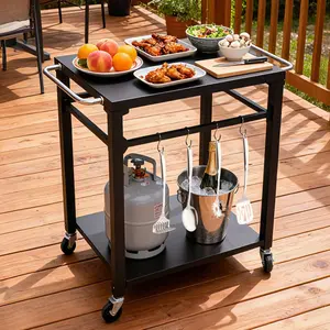 Two-Tier Rolling Grill Cart with Locking Casters and Tool Hooks for Outdoor Cooking and Serving
