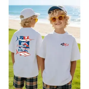 Boys & Teens' Casual Patriotic Ocean: American Flag Element, Sailfish/Tuna Pattern, Vintage Distressed Feel Printed Round Neck Short Sleeve T-Shirt, Sports T-Shirt Soft Top, Top Suitable For Boys, Cool,Fashionable Daily Casual Wear