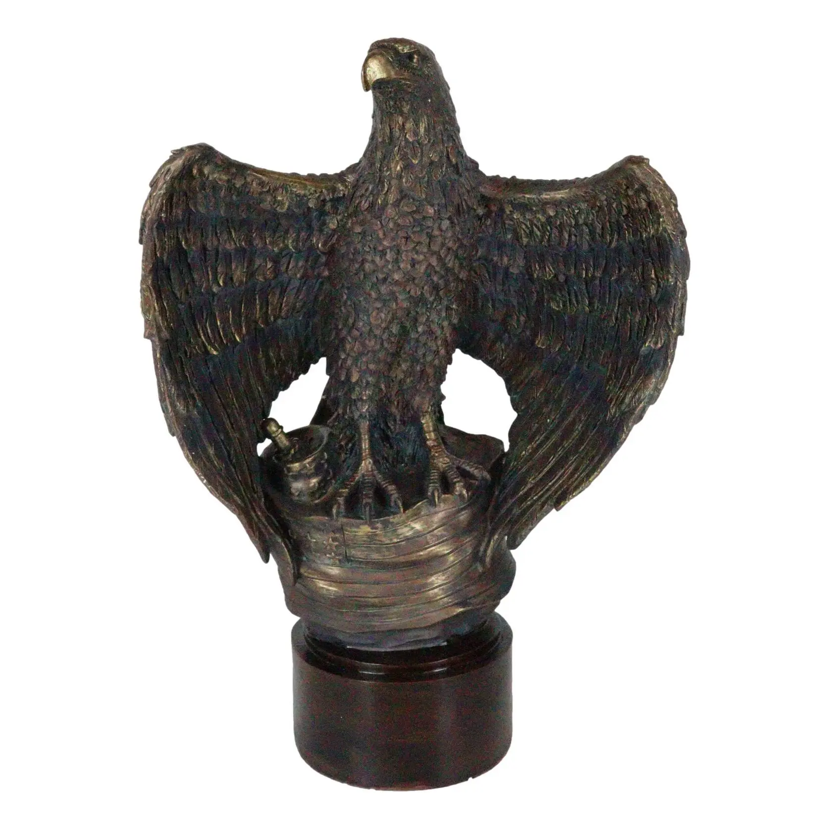 Large Grand Bald Eagle Perching On USA American Flag Figurine With Round Base
