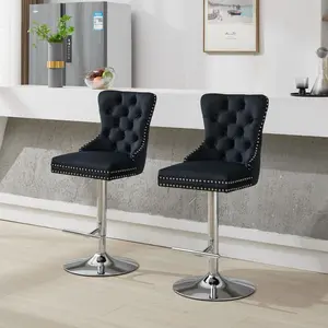 Swivel Bar Stools Set of 2, Adjustable Barstools with Back Velvet Tufted Counter Stool Modern Upholstered Bar Chairs with Nailhead for Kitchen Island Restaurant Pub Counter (Black-Silver)