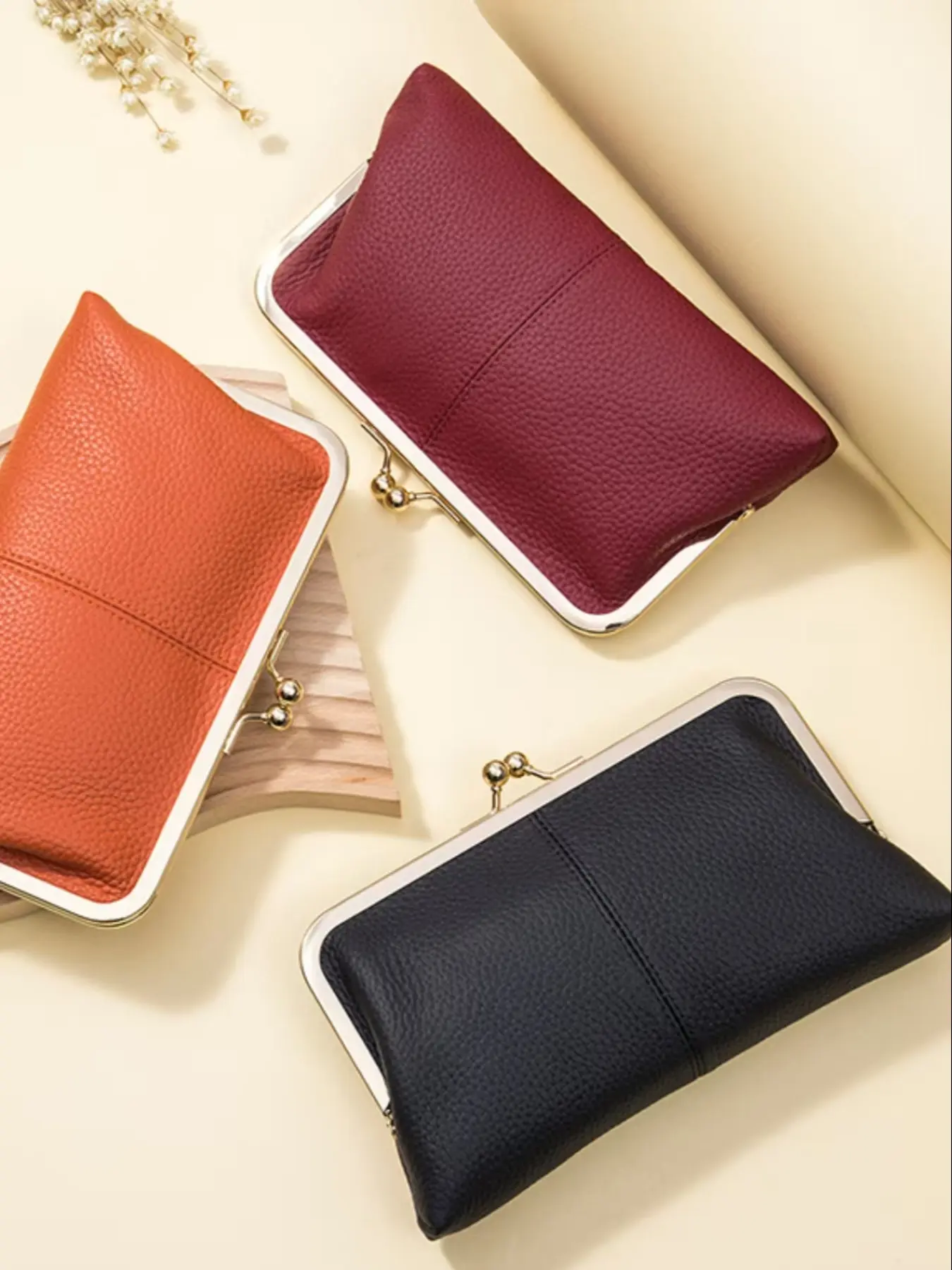 Bagger Rfid Kiss Lock Wallet for Women, Business Minimalist Wallet, Genuine Leather Handbag, Multiple Card Slots, Single Color Card Holder, Fashion Accessory, Trifold Wallet, Leather Wallets