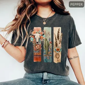 Comfort Colors Western Boho Cow Skull Cactus Shirt, Vintage Rodeo Aesthetic Tee, Southwestern Floral Retro Tee, Desert Cowgirl Top