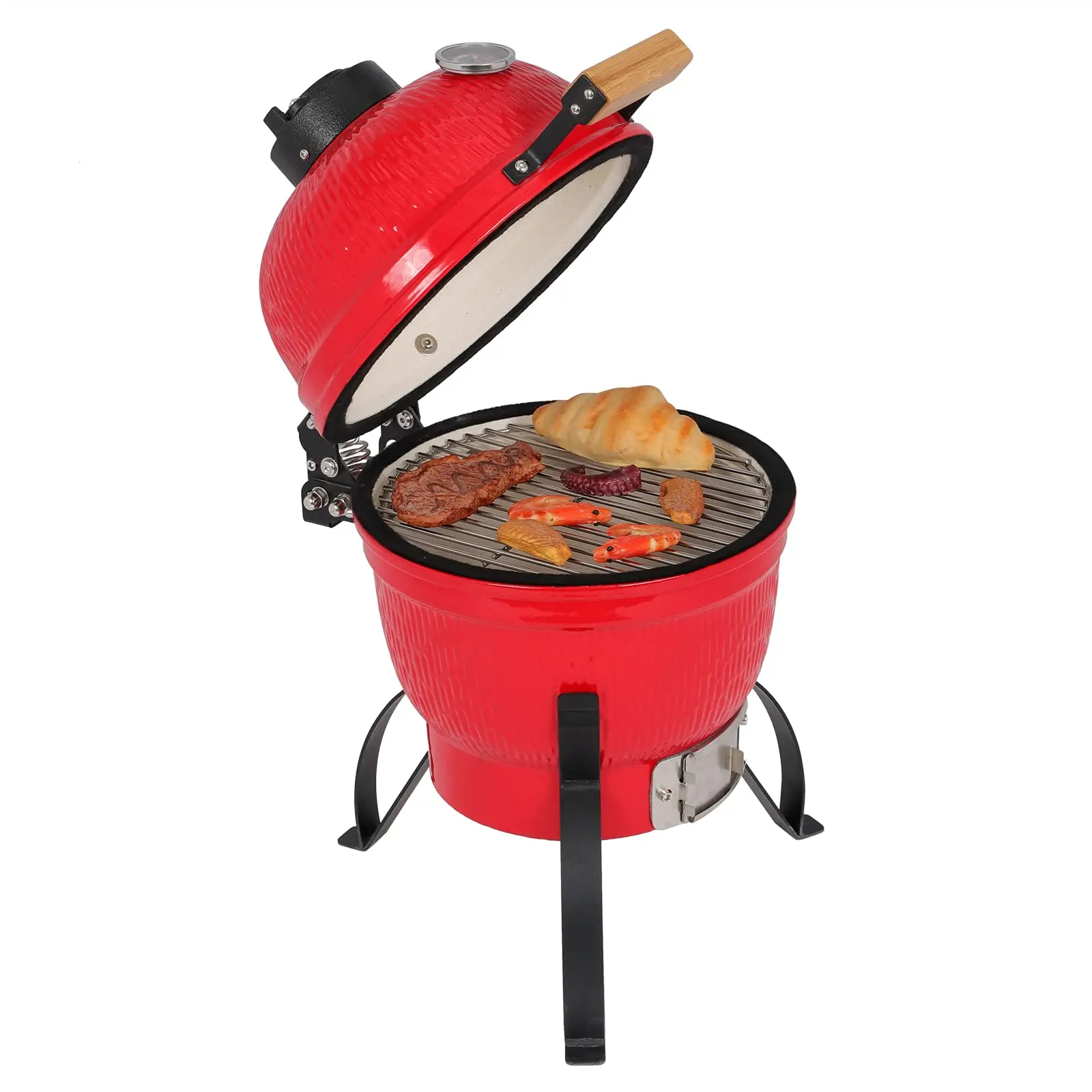 Ceramic Kamado Barbecue Grill, 13-Inch Red Egg-Shaped Portable Charcoal Smoker for Patios and Outdoor Camping