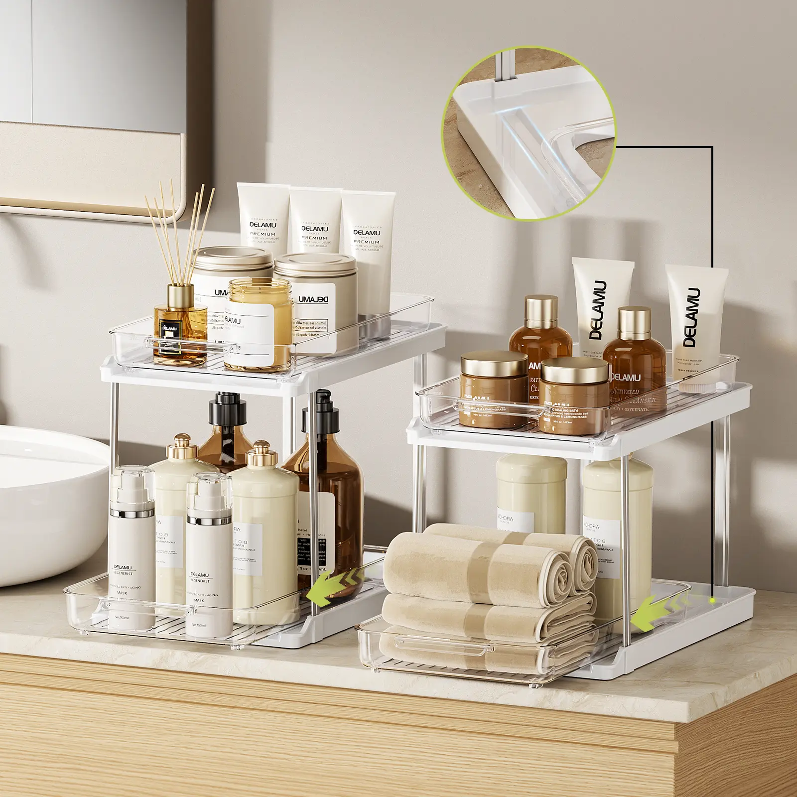2-Tier Multi-Purpose Bathroom Under Sink Organizers and Storage, Stackable Kitchen Pantry Organization, Pull Out Medicine Cabinet Organizer with Movable Dividers, White, 2 Pack