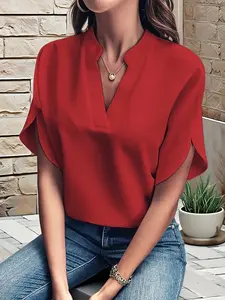 Spring Summer Autumn Simple Solid Color Casual Commuter Shirt / V-Neck Loose Batwing Sleeve Pullover Blouse, Versatile Style