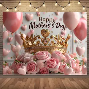 1PC,2D Flat Happy Mother's Day Theme Party Decoration Backdrop, Pink Rose Crown Heart Balloon Scene Layout Curtain, Family Gathering Photography Background Wall Hanging, Festival Atmosphere Creation
