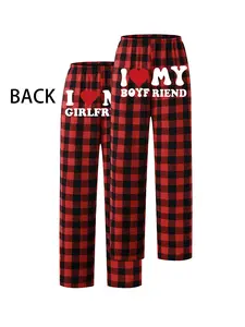 Trendy Couples Matching Plaid Pajama Pants - I Love My Boyfriend/Girlfriend Graphic Print | Soft Loungewear Sleep Bottoms for Him & Her | Cozy Nightwear Casual Homewear Trousers | Viral TikTok Checkered PJs for Couple Outfits, Romantic Gift for Boyfriend
