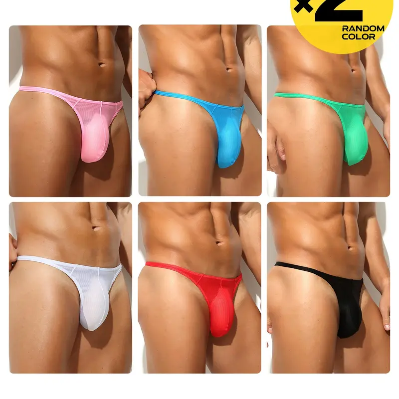 2/3/4 Pcs Random Color Men's Narrow Waistband Solid Plain Thong Briefs, Underwear All Seasons, Menswear, Breathable Mesh, T-Back Hip-lifting & Body Shaping, For Home, Sports, Fitness, Party & Gathering