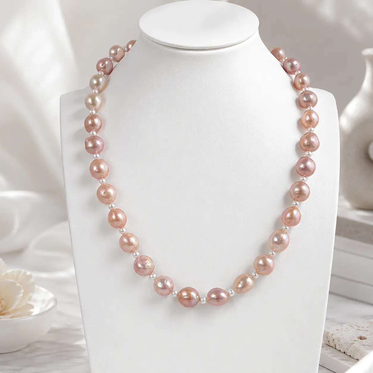 NC104-Peach Dawn-Freshwater Pearl Necklace,Soft Peach Purple Pearl Design with Tiny White Pearl Accents,Refined Beaded Detail,Quiet Luxury Everyday Jewelry.