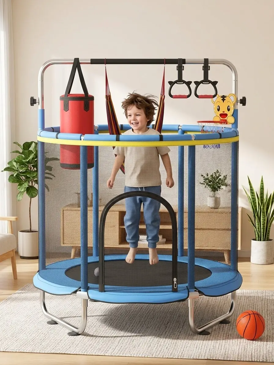 Kids' Trampoline with Adjustable Gymnastics Bar, 500lbs Capacity Indoor-Outdoor Trampoline, Gifts for Boys & Girls Age 1-8
