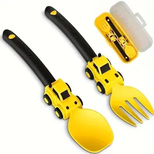 Colorful Toddler Tableware Set, 3Pcs Kids Fork and Spoon, Construction Utensils with Travel Case, Self Feeding Baby Silverware, Easy Hold for Boys Girls Yellow