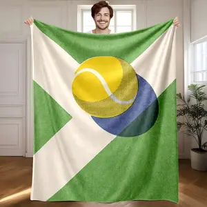1 piece Yellow tennis ball and shadow on the tennis court themed flannel blanket - Modern-style flannel blanket, suitable for sofas and beds, all-season use, super soft and comfortable, digital printing, 100% polyester material, machine washable