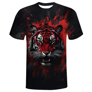 Unisex Fierce Red Tiger 3D Print T-Shirt with Black & Red Splatter Background – Bold Animal Graphic Tee for Casual Streetwear, Halloween, & Wildlife Enthusiasts