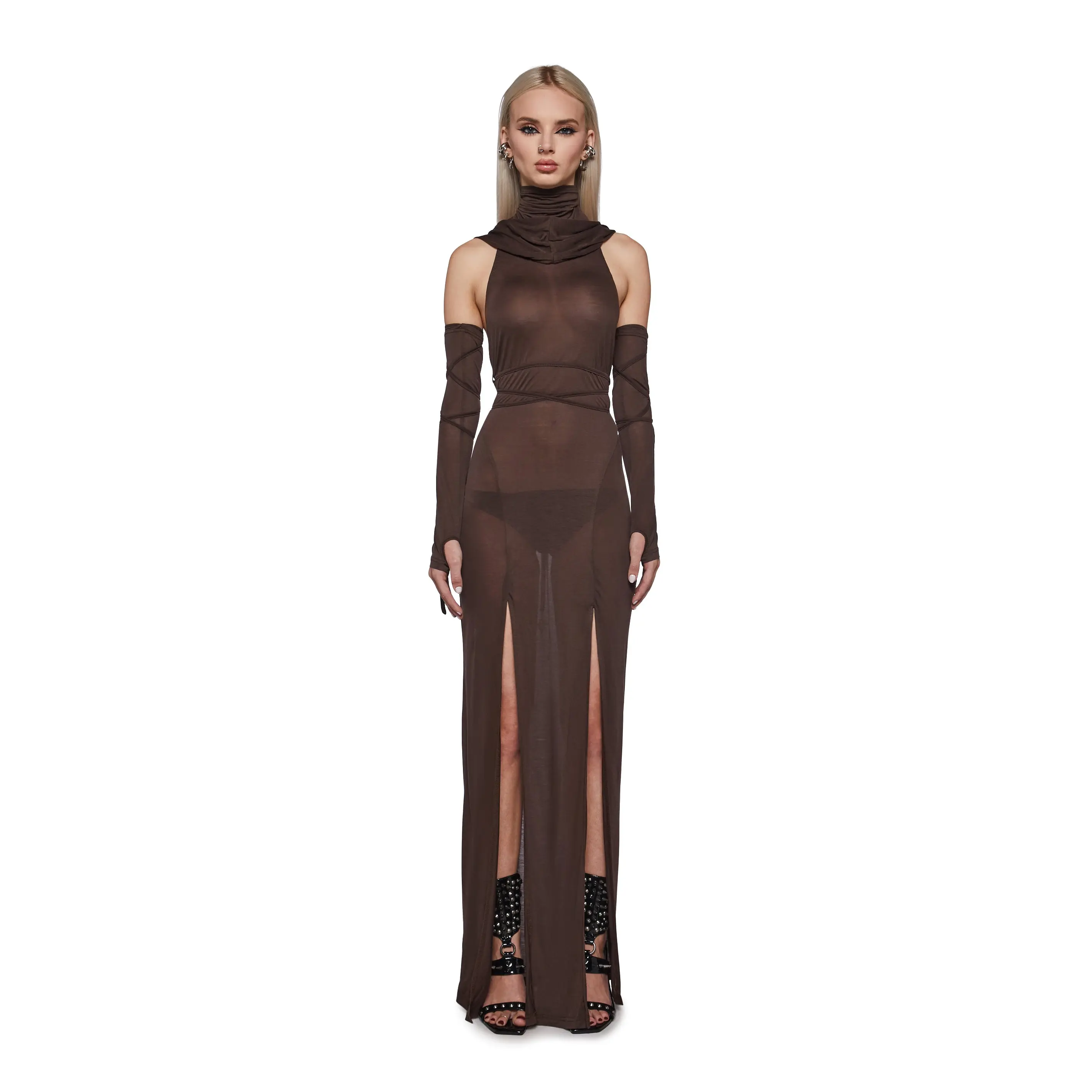 Siren Hooded Slit Maxi Dress - Brown
