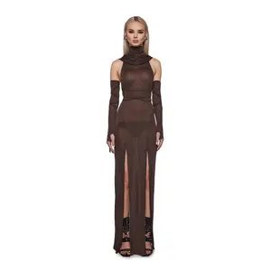 Siren Hooded Slit Maxi Dress - Brown