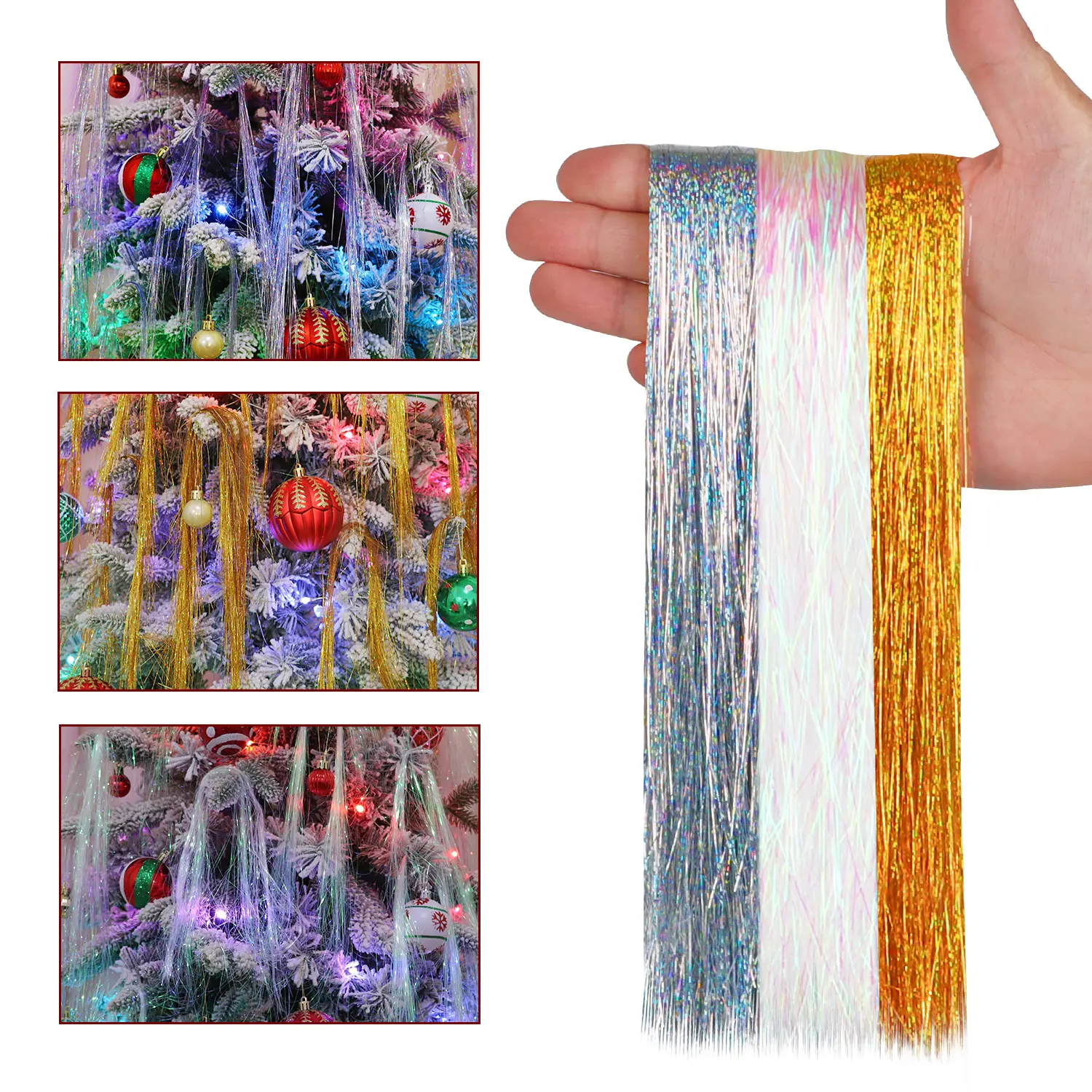5000-Strand Laser Silver Foil Fringe Icicle Tinsel Ornaments, Shiny Light Festive Decorations for Christmas, Wedding, Gift for Home Party Hanging Decor, Gold Option Available
