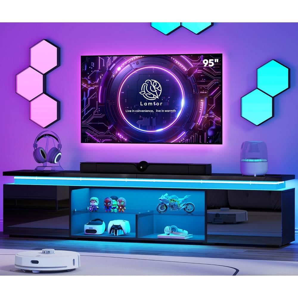 100 Inch TV Stand Entertainment Center Dynamic LED Lights High Gloss Storage Cabinets Living Room, Customized