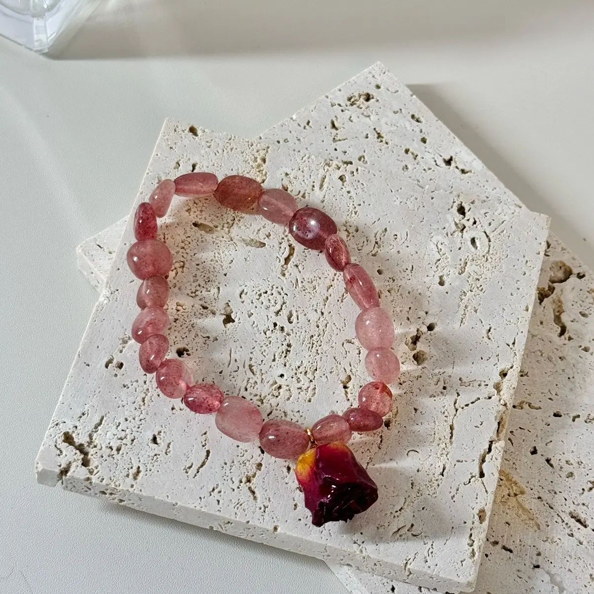 Rose Garden Radiance: Natural Crystal Rose Quartz Strawberry Quartz Bracelet with Real Roses