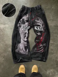 Men's Casual Loose Cotton Sports Pants, Graphic Print, Drawstring Waist, Ankle Length, Street Style, All Seasons, Ideal Gift, Loose Drawstring Sweatpants