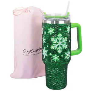 Cupcupmore 40 oz Christmas Snowflake on Green Bling Rhinestone Stainless Steel Sippy Tumbler Glitter Vacuum Insulated Water Bottle with Straw & Lid &Handle,Sparkle Car Cup Holder,Keeps Cold 12 Hours Drinks,Coffee