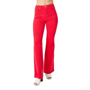 Judy Blue Full Size Hw Tummy Control Garment Dyed Flare Jeans Plus Size High-Waisted Red Denim Classic 5-Pocket Stretchy Material Comfortable Fit