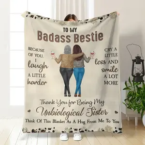 To My Badass Bestie Unbiological Sister Leopard Throw Blanket - Cream Background Leopard‑Print Trim Blanket, Cozy Soft Blanket with BFF Back‑View Art & Heartfelt Friendship Quote, Perfect Sentimental Gift for Best Friend & Soul Sister