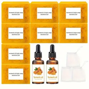 Turmeric Soap & Essential Oil Set, 1 Set Including 8 Counts Kojic Acid Turmeric Soap Bar & 2 Counts Turmeric Essential Oil & 3 Counts Soap Bag, Moisturizing Skin Care Set for Women & Men