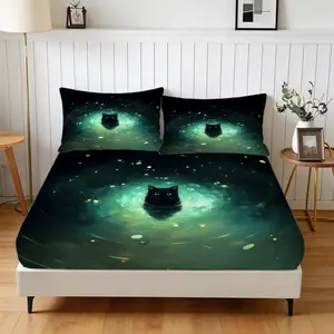 3-Piece Abyss Cat Pattern Fitted Sheet Set, Includes 1 Flat Sheet And 2 Pillowcases, Comfortable Bedding, Non-Slip Dust Cover, Suitable For Bedroom And Guest Room