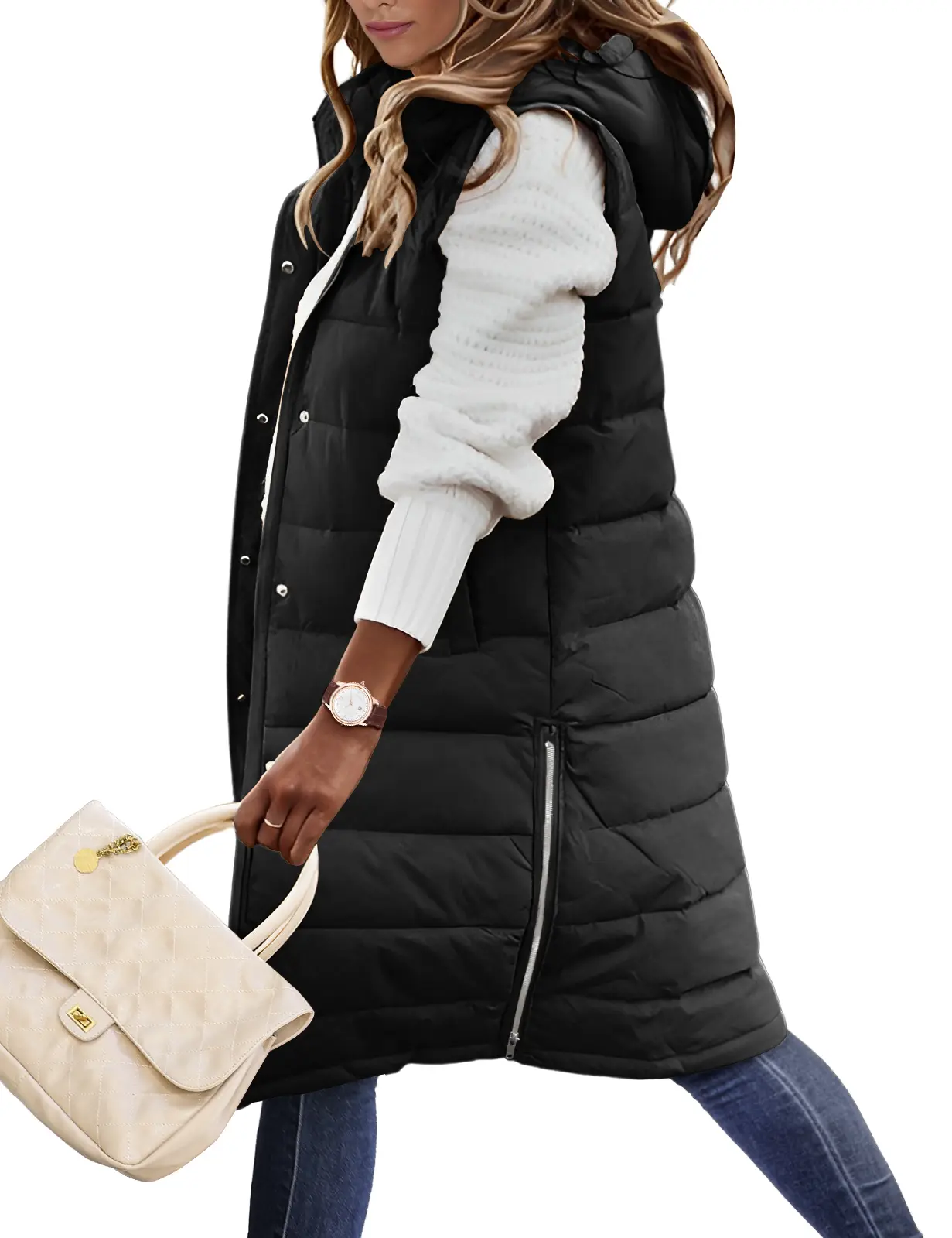 LNALIKA Womens Puffer Vest Winter Hooded Sleeveless Zip Up Long Puffy Jacket Warm Thick Quilted Coats with Pockets