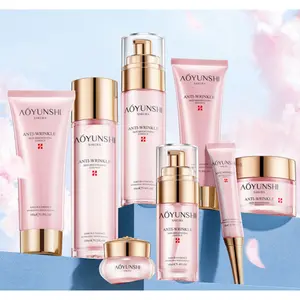 Sakura Anti Aging Hydrating 8 Piece Skin Care Set Cleanser Toner Eye Cream Serum Emulsion Cream Sleep Mask Luxury Dual Repair for Smooth Plump Radiant Youthful Glow Skin