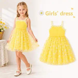 Toddler Girls Summer Daisy Print Tulle Dress, Floral Lace Strap Princess Dress for Girls, Cute Sleeveless Party Dress for Birthday, Vacation and Holiday