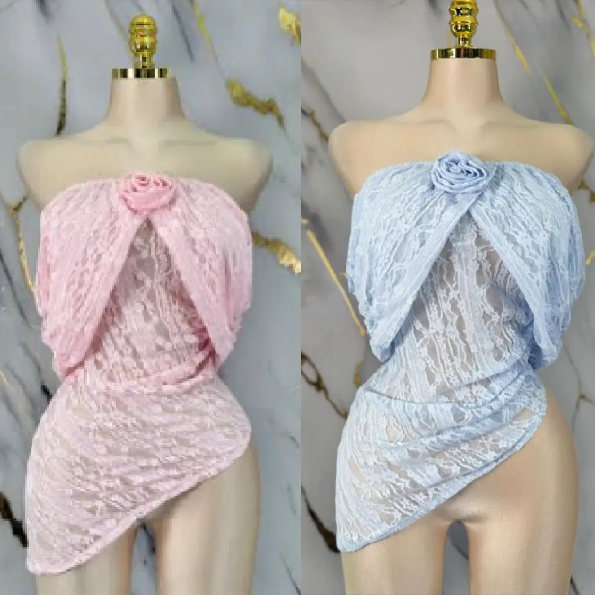 Strapless Lace Blouse with Rosette Detail – Draped Elegant Top (Pink & Baby Blue)
