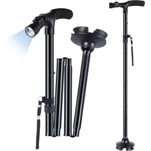 LED Light Elderly Walking Cane - Non-Slip Foldable Aluminum Alloy 4-Legged Adjustable Hiking Stick for Seniors, Batteries Not Included