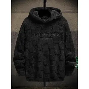 2025 New StyleMen's Letter Embroidery Textured Drop Shoulder Fuzzy Hoodie, 1 Count Regular Fit Casual Fashion Long Sleeve Hooded Sweatshirt in Dark Gray