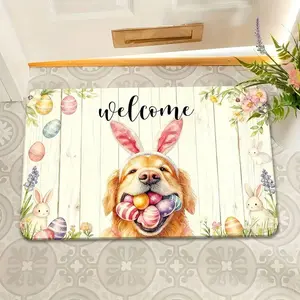 1pc Flannel Easter Doormat, Golden Retriever Wearing Bunny Ears Headband And Full Of Easter Eggs, Washable Non-Slip Welcome Mat, Suitable For Doorway, Hallway, Living Room, Yoga Mat, Kitchen, Laundry Room