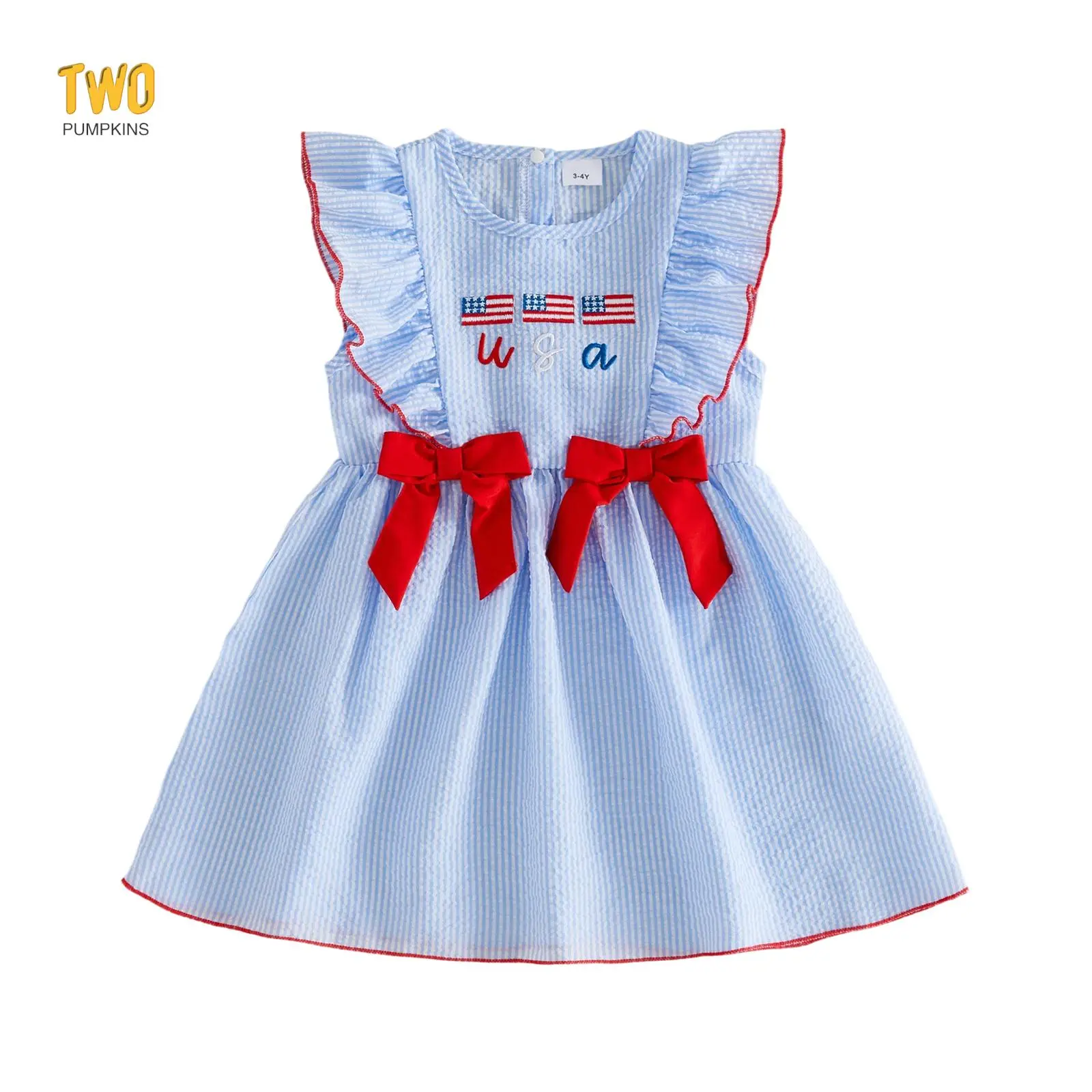 Kids Girls 4th Of July Dress Adorable American Flag Letter Embroidery Flying Sleeve Round Neck Princess Dress