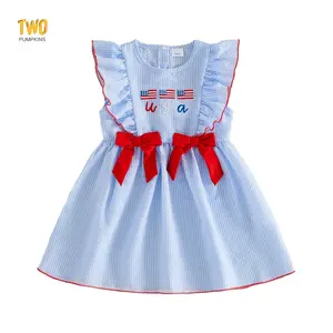 Kids Girls 4th Of July Dress Adorable American Flag Letter Embroidery Flying Sleeve Round Neck Princess Dress