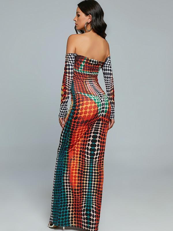 Off-shoulder Printed bodycon Dress Casual Comfort Womenswear Lady Casual Long Sleeve Maxi DRESS