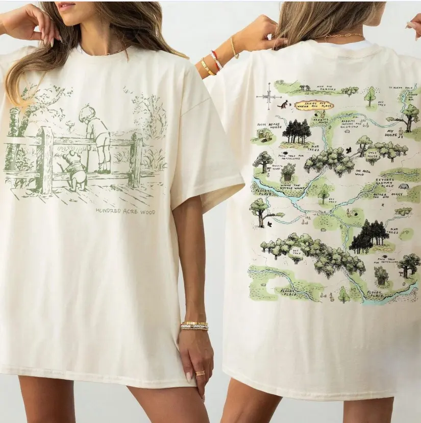 Youth and Adult Vintage Woodland Bear Map Graphic T-Shirt, Retro Forest Adventure Front and Back Tee, Cozy Storybook Nature Outfit, Unisex Animal Lover Gift