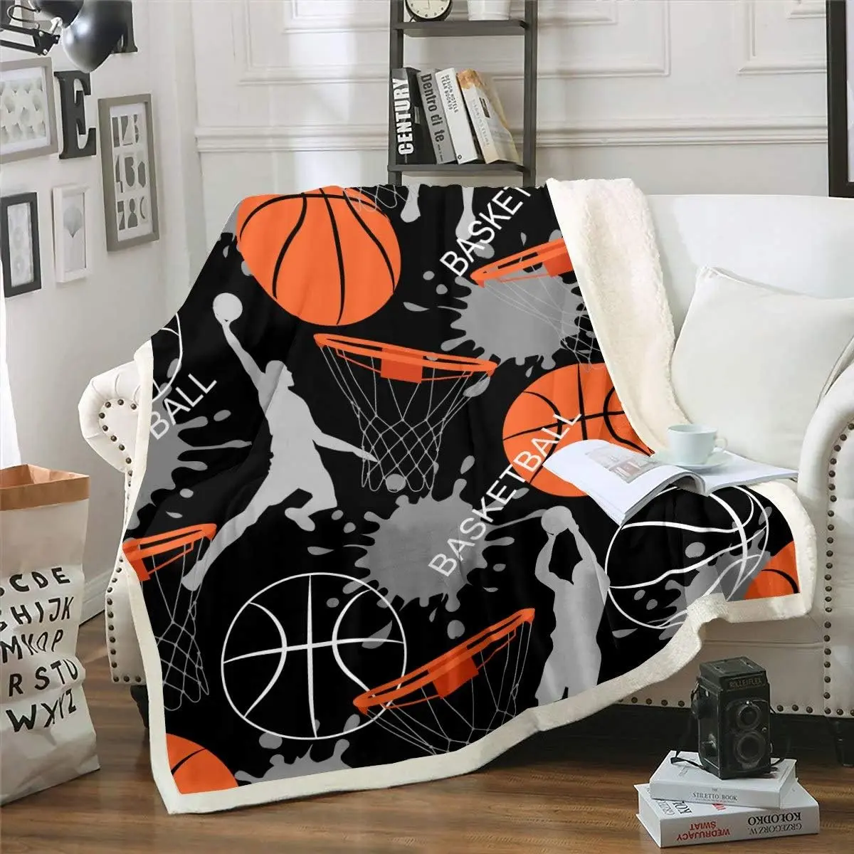 Feelyou Super Soft Modern Sport Theme 3D Watercolor Basketball Custom Graphic Plush Fleece Throw Blanket - 2 Sizes, Sherpa Blanket for Indoor/Outdoor Sofa, Bed, Custom Graphic Blankets