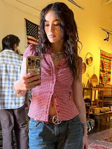 Women's Plaid Shirt, Casual Short Sleeve Top for Summer, Fashion Women's Top for Daily Wear