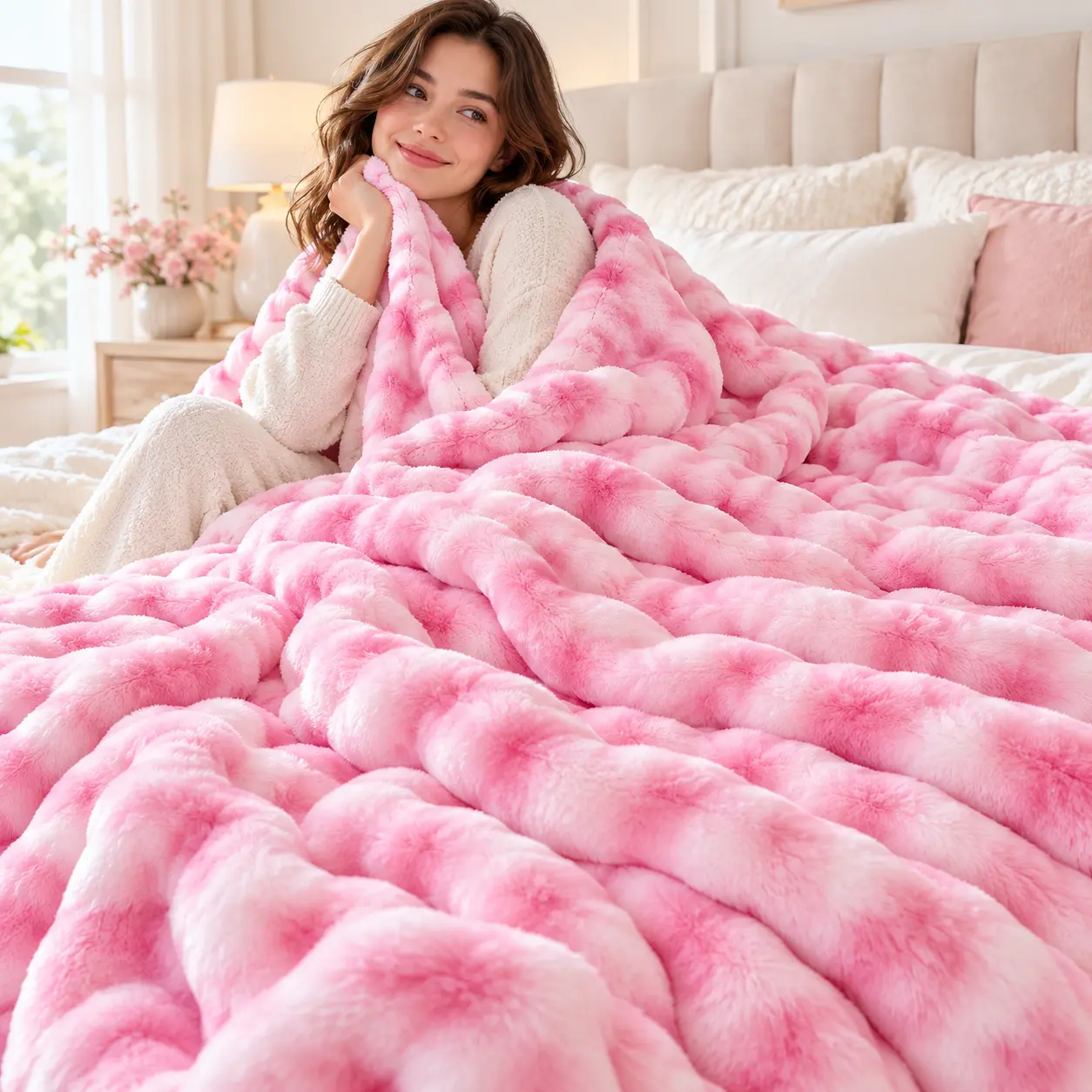 Gradient tie-dye bubble faux rabbit fur throw blanket, ultra fluffy soft plush blanket, wrinkle resistant, cozy warm aesthetic home decor for bed, sofa & couch, all season use