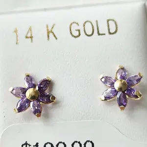 14kt Gold 6-Petal Purple Flower Earrings - Elegant Design with Purple Stones and Gold Accents