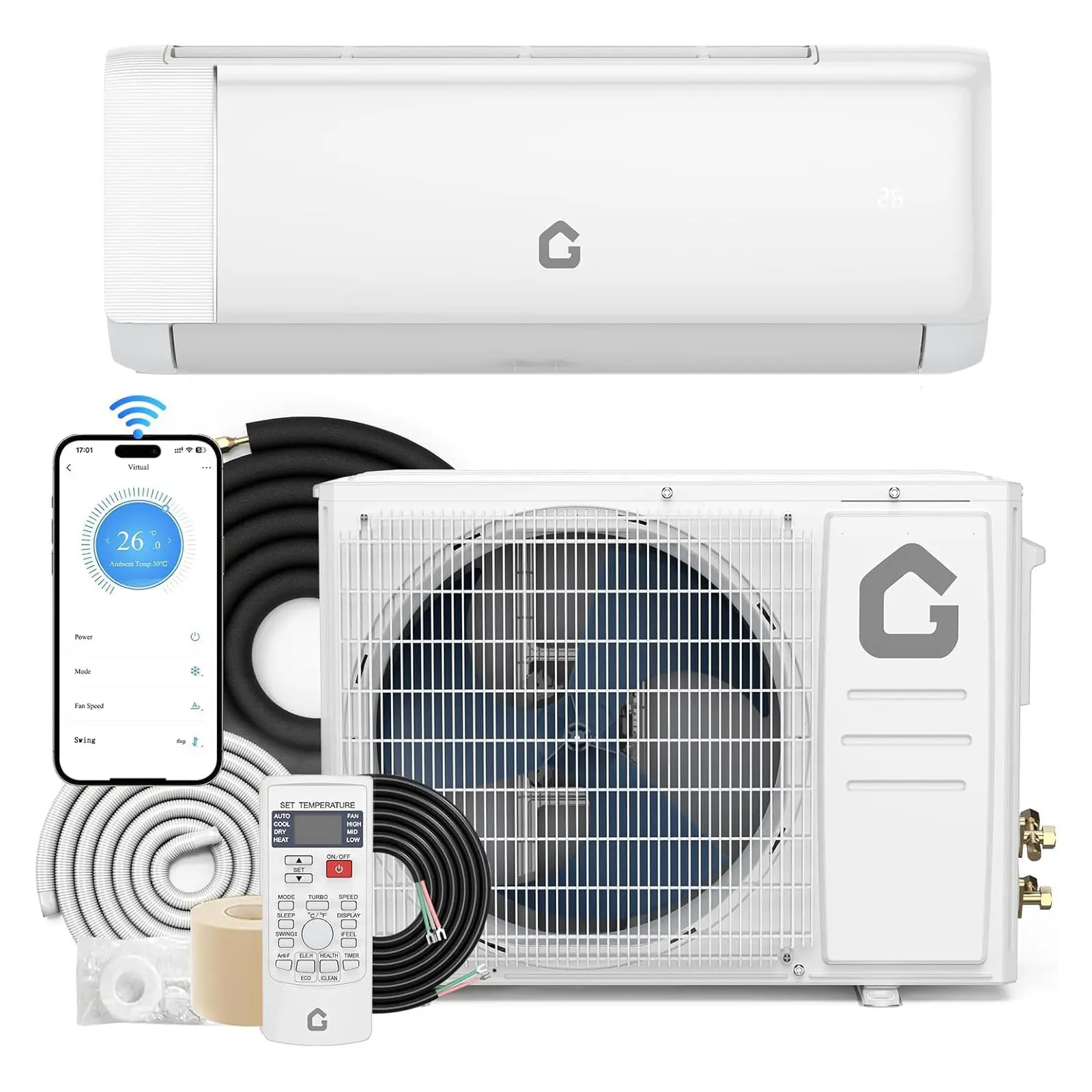 17000 BTU Wifi Mini Split AC, 21 SEER2 208V-230V Ductless Inverter Split-System Air Conditioners, Cools Rooms up to 1250 Sq.Ft, Display On/Of, 4 Fan Speeds, Sleep Mode, Self-Cleaning, 24H Timer Quiet Operation Energy Efficient