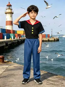 Classic Sailor, Blue Colorblock Design, Navy Collar with Buttons, Perfect for Theme Parties and Role Play