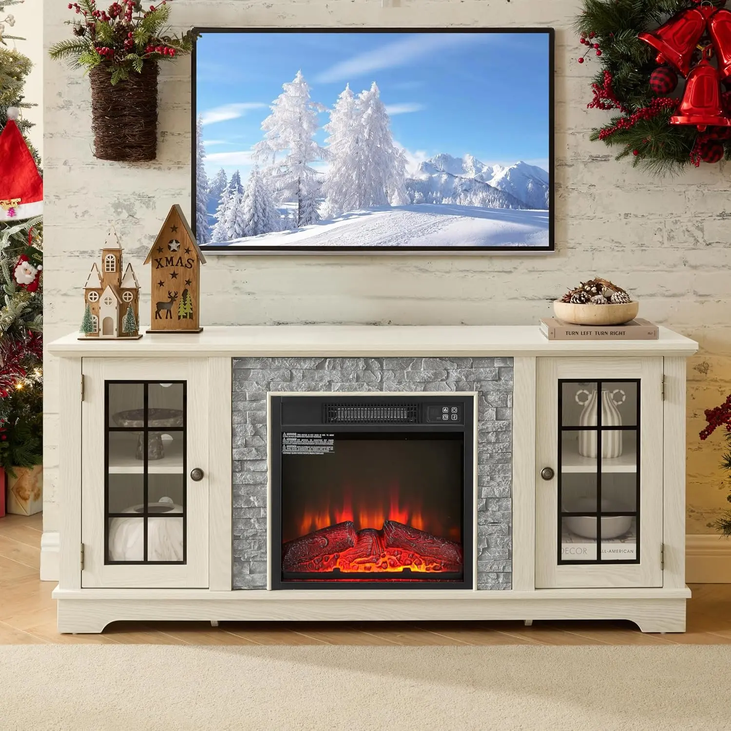 58" Modern TV Stand with 2-Door Storage & 18" Electric Fireplace, Faux Stone Media Console Cabinet,  Entertainment Center for Living Room,White