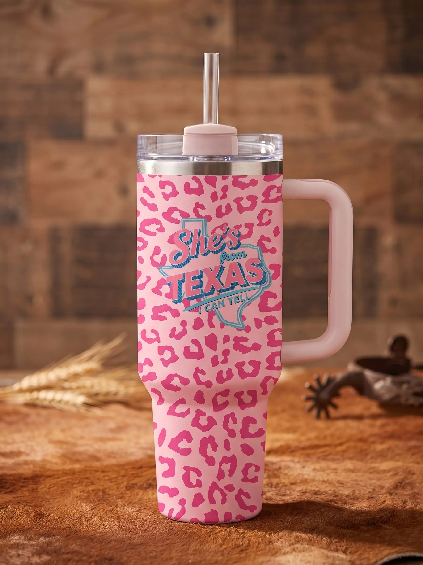 She's From Texas 40oz Tumbler, Pink Leopard Print Texas Pride Tumbler with Handle, Country Music Tumbler , Gift For Fan